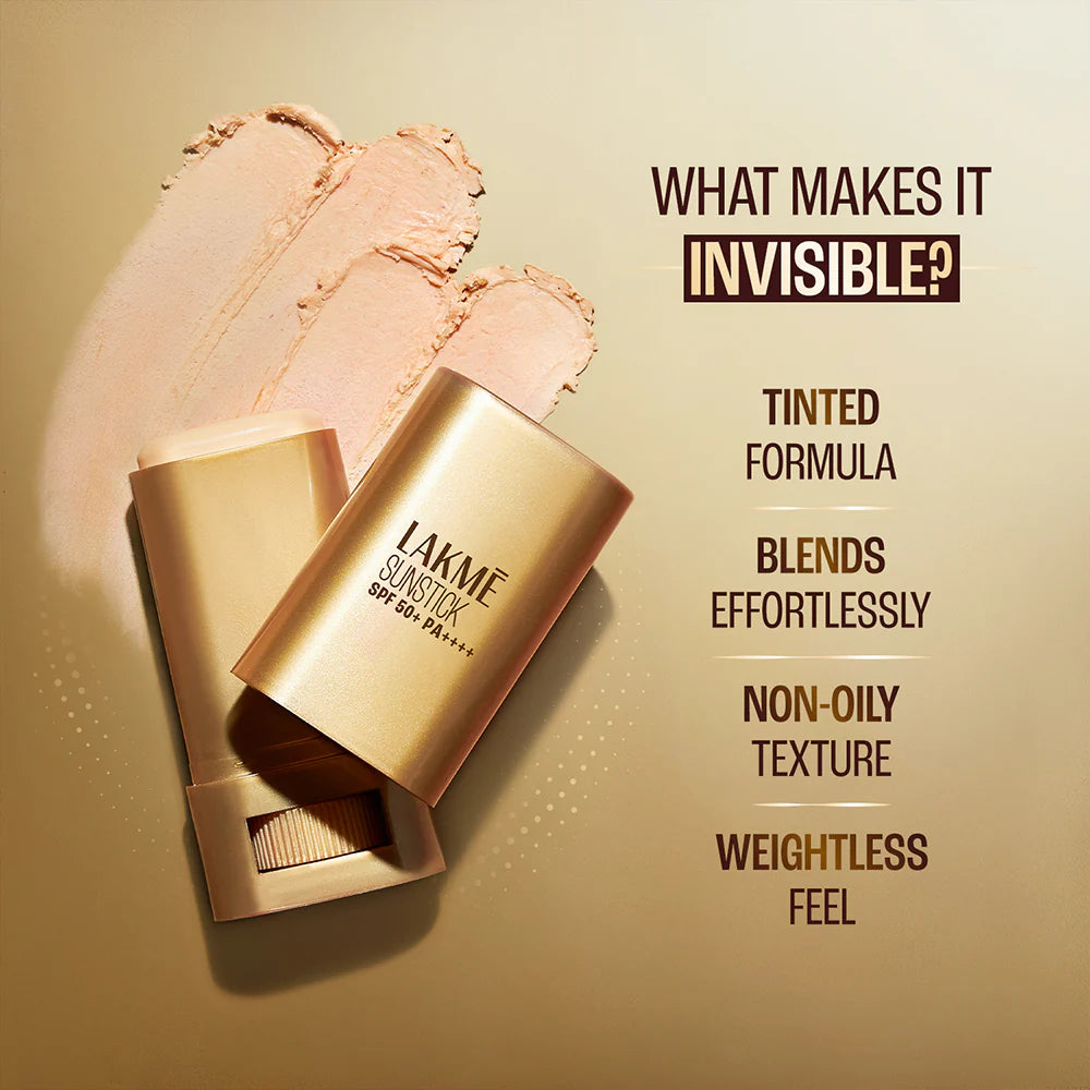 LAKMĒ SUN EXPERT INVISIBLE SUNSTICK, SPF 50 PA+++ FOR UVA/B, NO WHITE CAST, ON THE GO PROTECTION