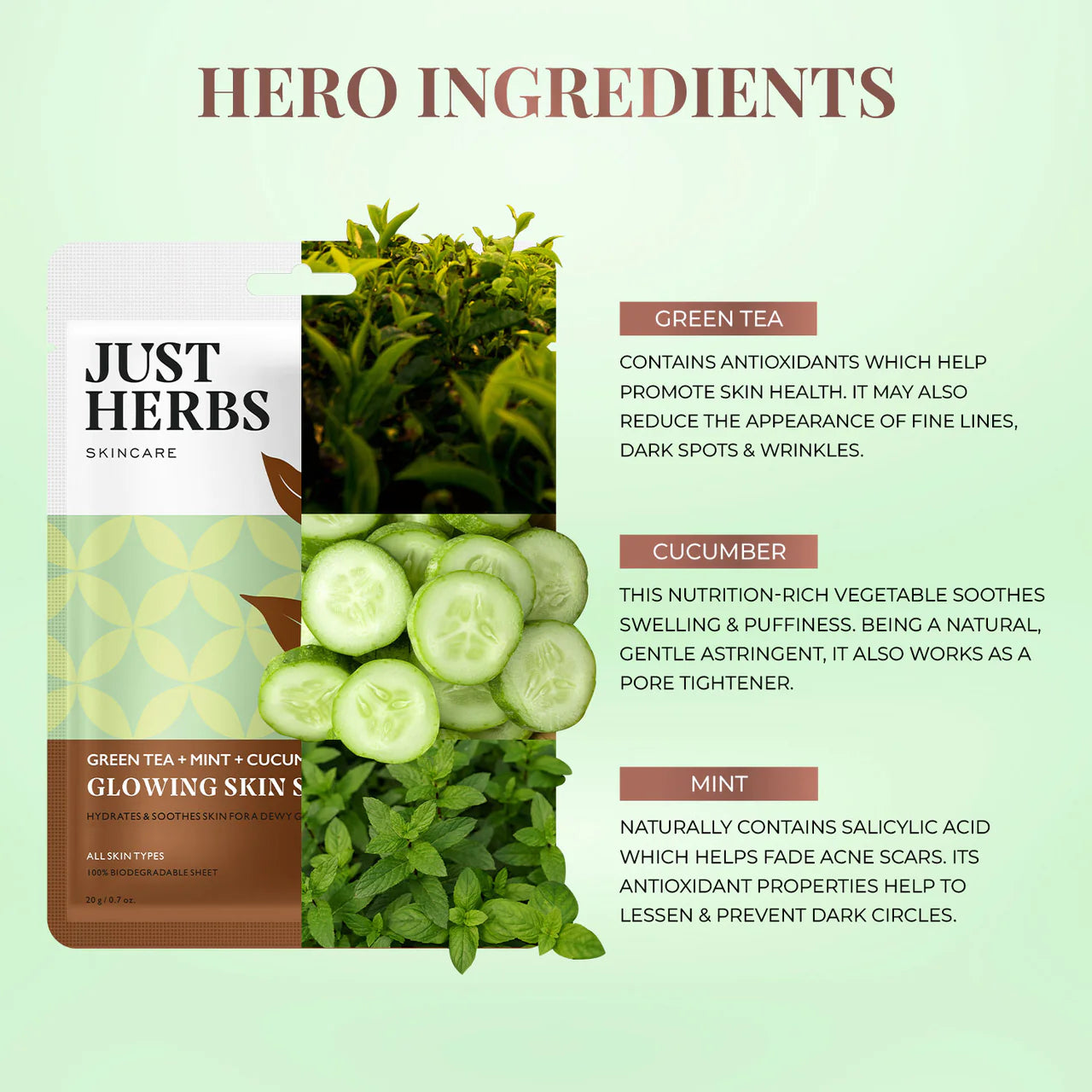 Just Herbs Green Tea Sheet Mask with Mint & Cucumber For Glowing Skin