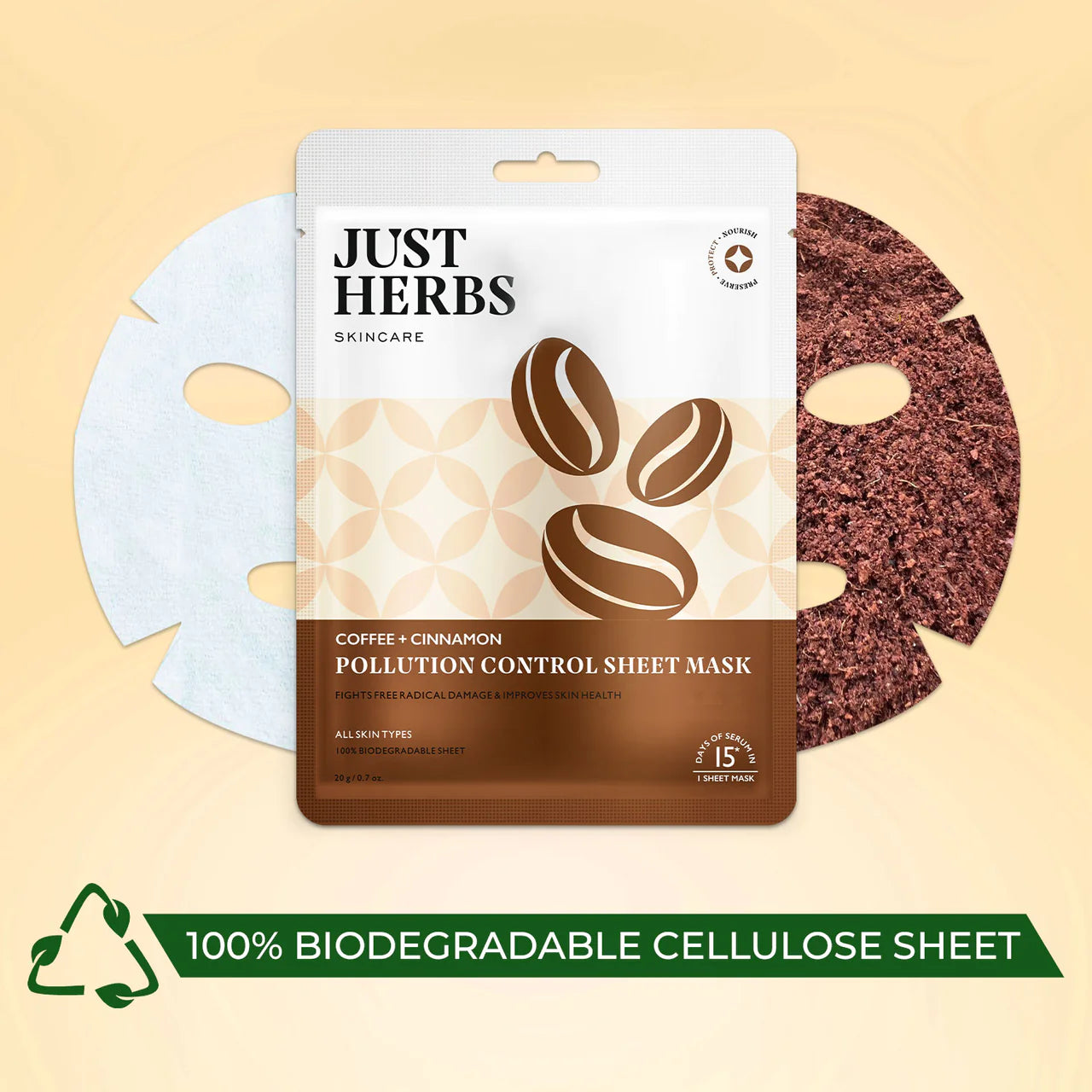 Just Herbs Coffee Sheet Mask with Cinnamon For Pollution Control