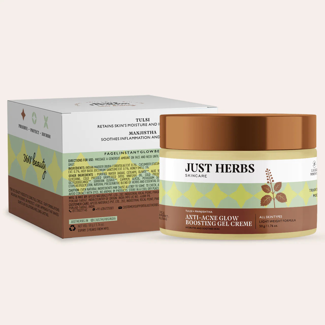 Just Herbs Anti-Acne Glow Boosting Gel Creme with Tulsi and Manjishtha / Fagel